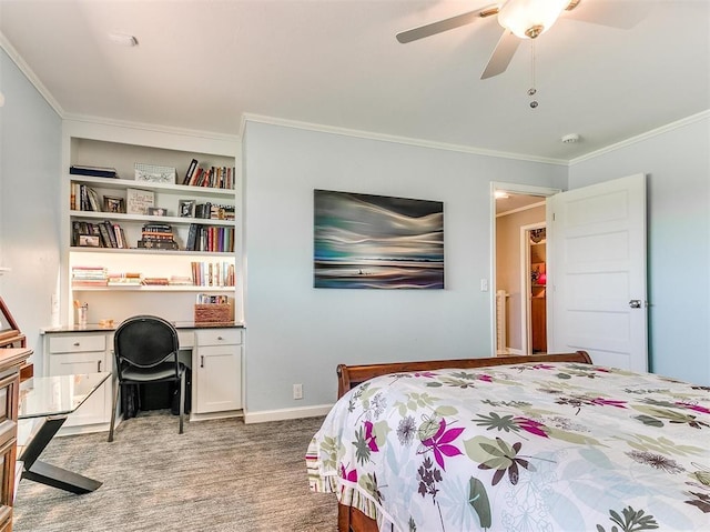 bedroom featuring baseboards, ceiling fan, ornamental molding, and light colored carpet