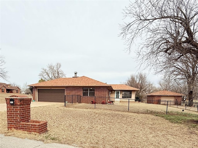 view of front of home with brick siding, roof with shingles, concrete driveway, an attached garage, and fence