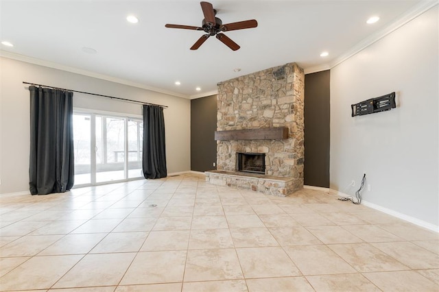 unfurnished living room featuring light tile patterned floors, baseboards, crown molding, a stone fireplace, and recessed lighting