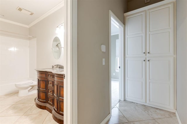 full bath with crown molding, visible vents, toilet, vanity, and tile patterned floors