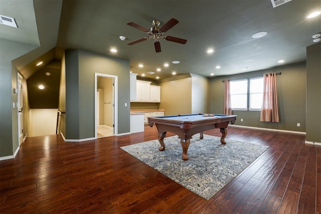 recreation room featuring recessed lighting, wood-type flooring, visible vents, and baseboards