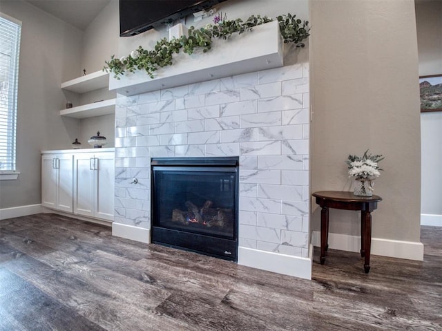 room details featuring baseboards, wood finished floors, and a tiled fireplace