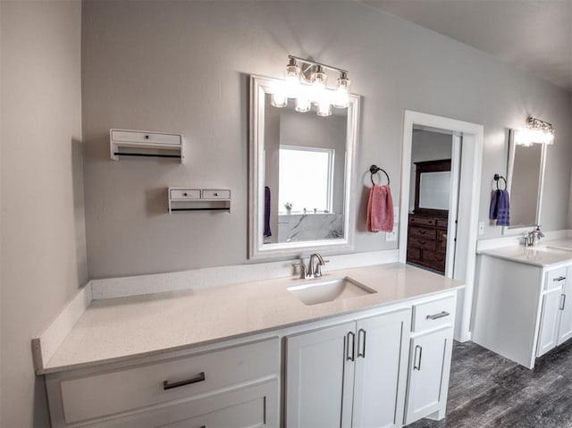 bathroom featuring two vanities, wood finished floors, and a sink