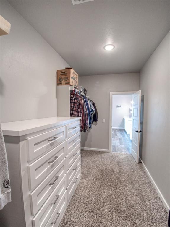 spacious closet featuring light colored carpet