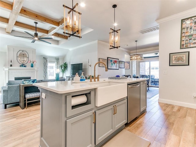 kitchen featuring visible vents, coffered ceiling, open floor plan, gray cabinetry, and stainless steel dishwasher