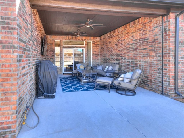 view of patio with grilling area, outdoor lounge area, and a ceiling fan