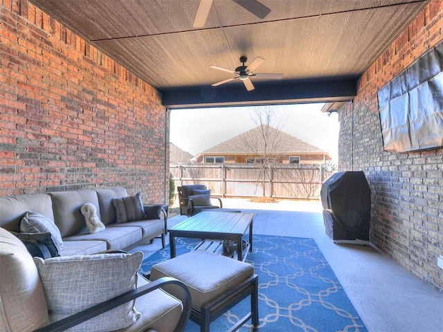 view of patio / terrace featuring an outdoor hangout area, fence, grilling area, and a ceiling fan