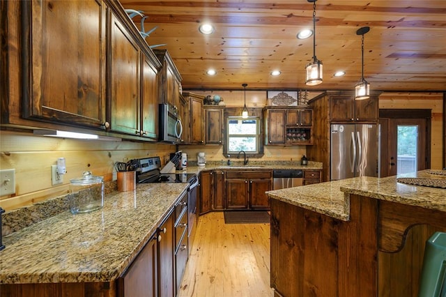 kitchen featuring light wood finished floors, a sink, wood ceiling, appliances with stainless steel finishes, and decorative light fixtures