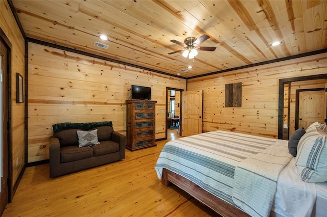 bedroom with recessed lighting, visible vents, light wood-style flooring, and wood ceiling