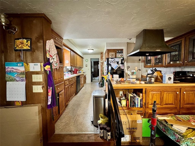 kitchen featuring light countertops, black dishwasher, decorative backsplash, island exhaust hood, and a textured ceiling