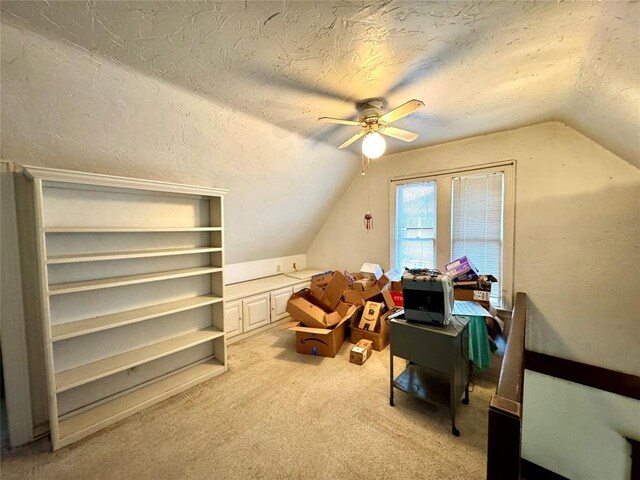 bonus room featuring light carpet, a textured ceiling, a textured wall, and vaulted ceiling