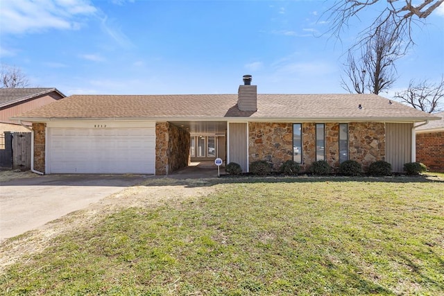 single story home with a front lawn, an attached garage, stone siding, and a chimney