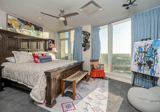 bedroom with recessed lighting, attic access, a ceiling fan, and vaulted ceiling