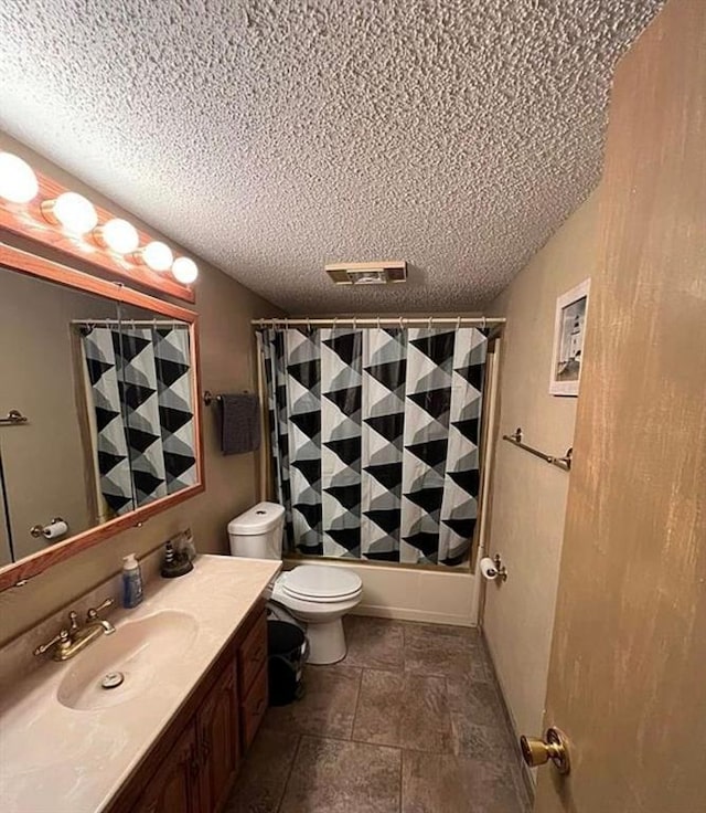 full bath with vanity, visible vents, a textured ceiling, toilet, and shower / tub combo with curtain