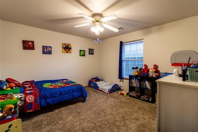 bedroom featuring ceiling fan, carpet, and visible vents