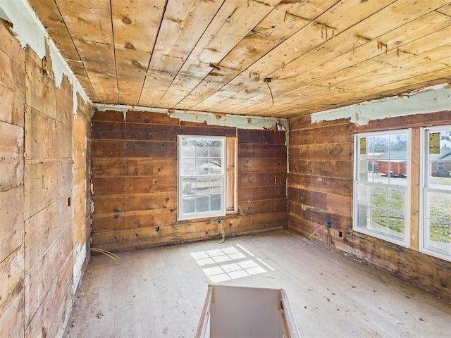 spare room featuring a wealth of natural light, wood walls, and wooden ceiling