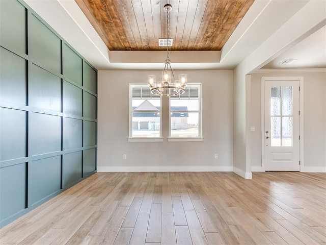 interior space with light wood-style flooring, wooden ceiling, a raised ceiling, and visible vents