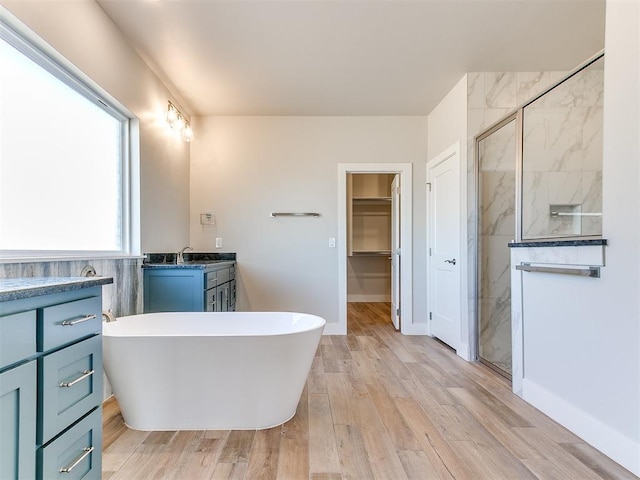 bathroom featuring a soaking tub, wood finished floors, a walk in closet, vanity, and a shower stall