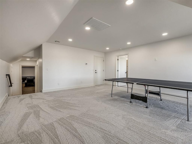 game room featuring light carpet, baseboards, visible vents, and recessed lighting