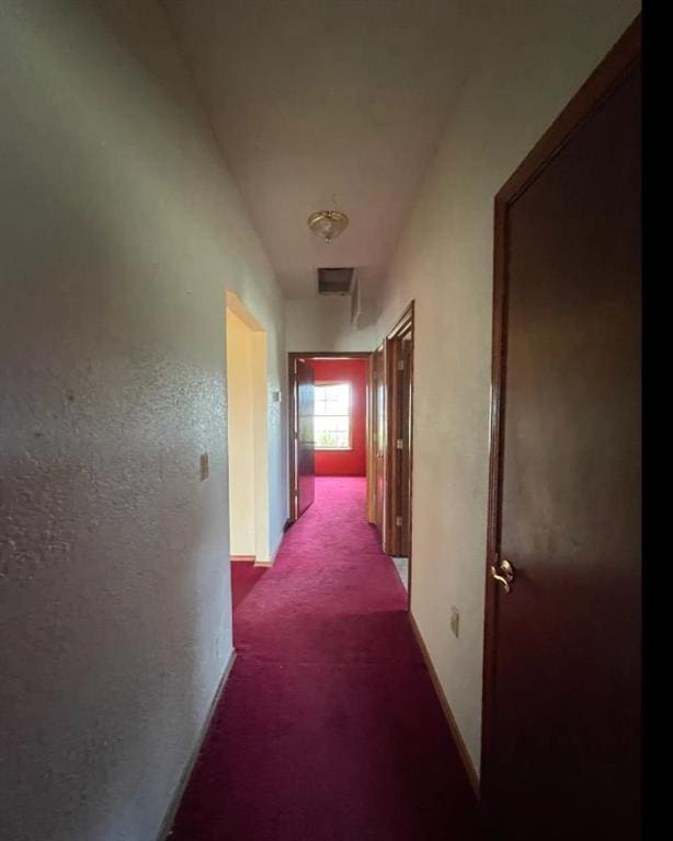 corridor featuring carpet, visible vents, baseboards, and a textured wall