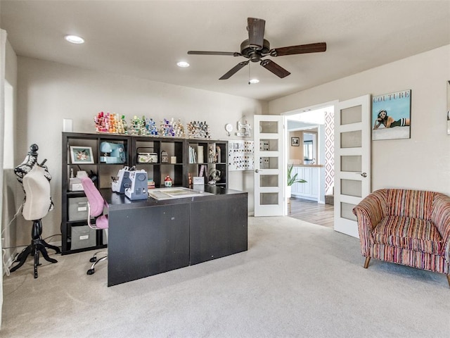 home office featuring french doors, carpet, a ceiling fan, and recessed lighting