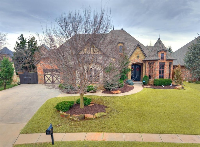 view of front of house with brick siding, concrete driveway, an attached garage, stone siding, and a front lawn