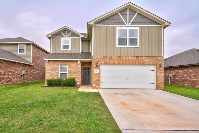 view of front facade with a garage, brick siding, a front lawn, and board and batten siding