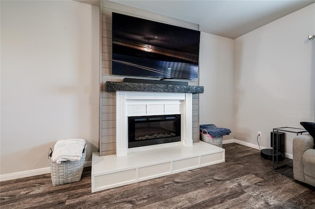 interior space with baseboards, wood finished floors, and a glass covered fireplace