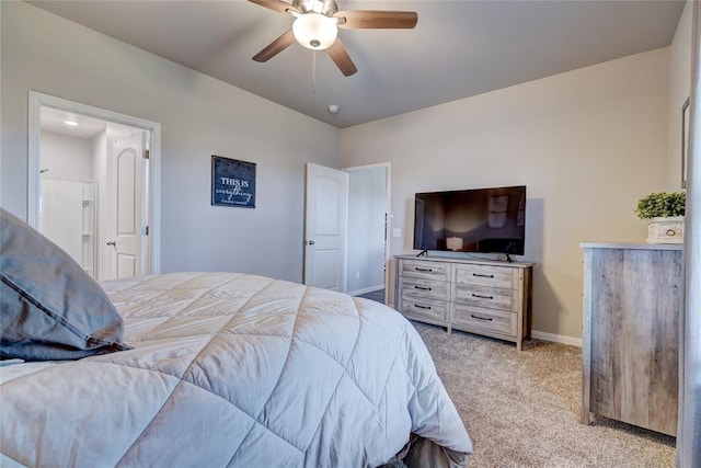 bedroom with light carpet, a ceiling fan, and baseboards