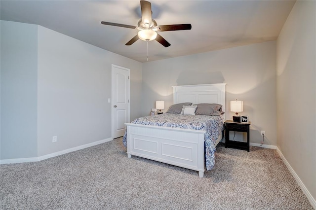 bedroom with light carpet, a ceiling fan, and baseboards