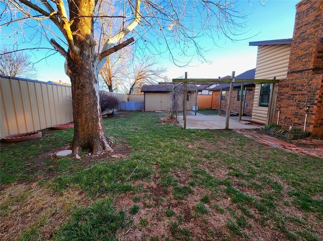 view of yard with a patio area, an outdoor structure, and a fenced backyard