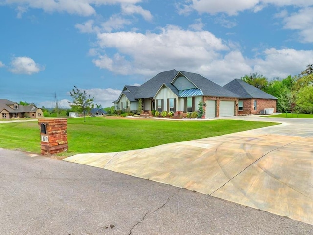 view of front of house featuring an attached garage, concrete driveway, a front lawn, and board and batten siding