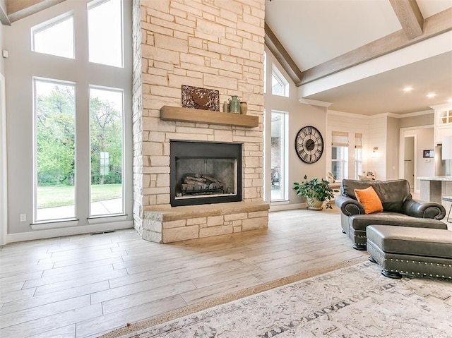 living area with plenty of natural light, a fireplace, a towering ceiling, and wood finished floors