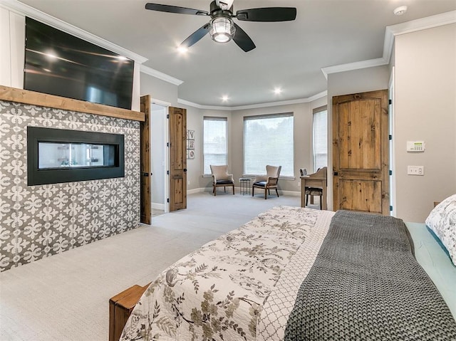 bedroom featuring ceiling fan, baseboards, ornamental molding, light carpet, and a fireplace