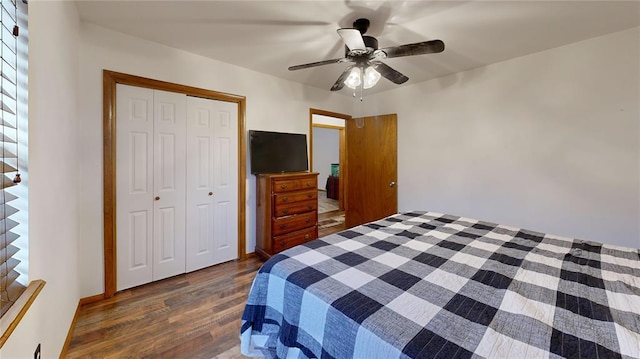 bedroom featuring a ceiling fan, dark wood-type flooring, and a closet