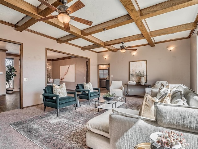 carpeted living area with baseboards, a ceiling fan, coffered ceiling, and beamed ceiling