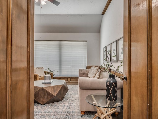 living room featuring lofted ceiling and a ceiling fan