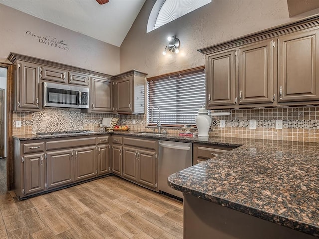 kitchen with decorative backsplash, a textured wall, lofted ceiling, light wood-style flooring, and stainless steel appliances