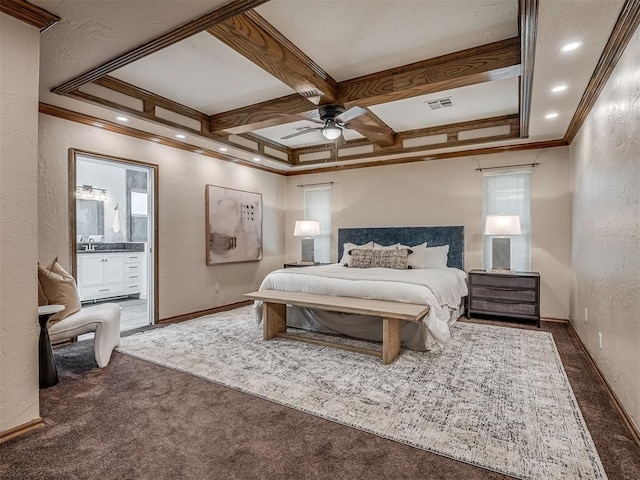 carpeted bedroom with beam ceiling, crown molding, visible vents, a textured wall, and coffered ceiling