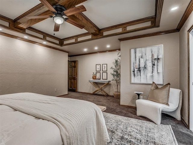 bedroom featuring baseboards, ornamental molding, carpet flooring, and a textured wall