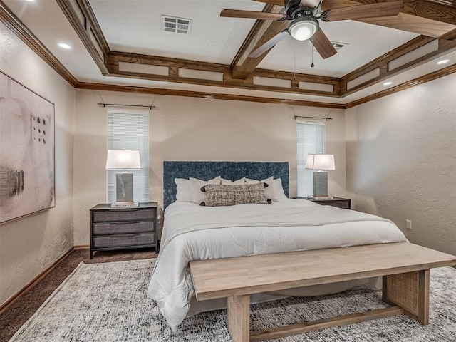 bedroom with a textured wall, a ceiling fan, baseboards, visible vents, and crown molding