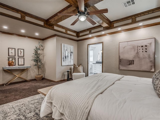 carpeted bedroom featuring coffered ceiling, beam ceiling, visible vents, and crown molding