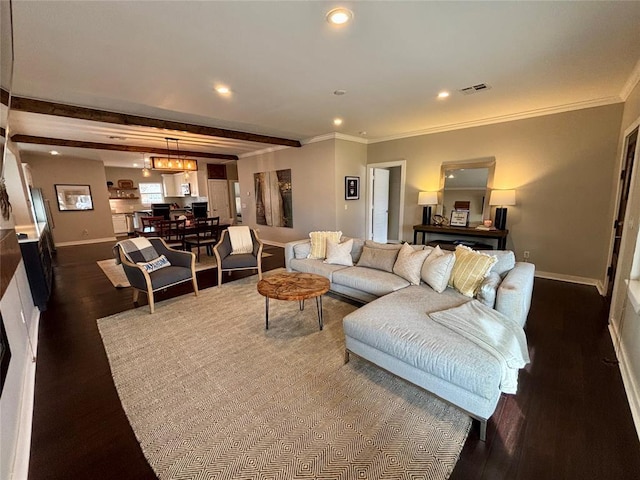 living room with recessed lighting, dark wood-type flooring, baseboards, and ornamental molding