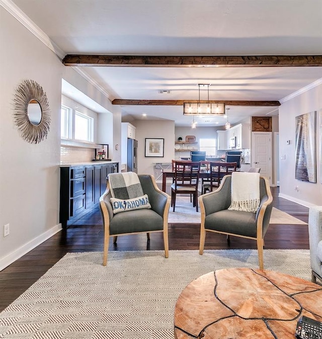 living room with beamed ceiling, dark wood-type flooring, crown molding, and baseboards