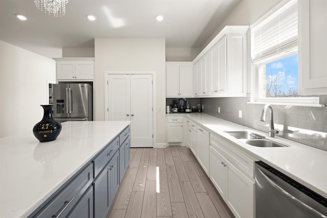 kitchen with stainless steel appliances, backsplash, light wood-style floors, white cabinets, and a sink