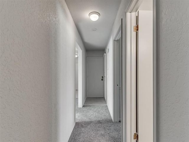 corridor featuring carpet and a textured wall