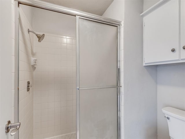 bathroom with toilet and a stall shower