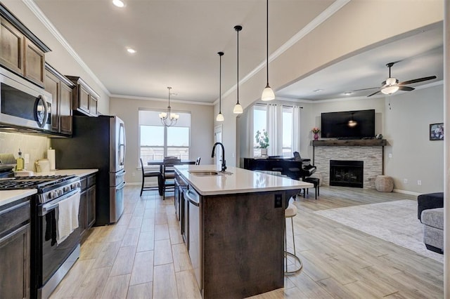 kitchen featuring light wood-style floors, stainless steel appliances, a sink, and open floor plan