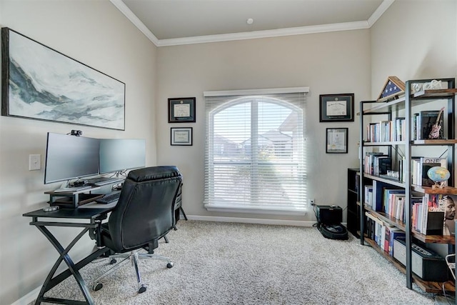 home office with carpet floors, crown molding, and baseboards