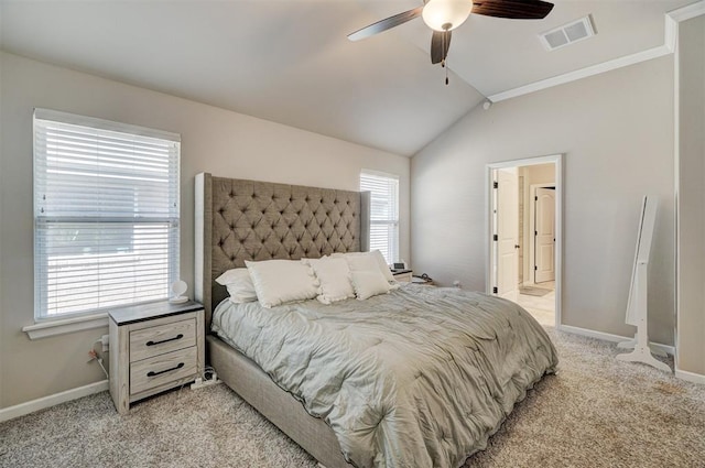 bedroom featuring vaulted ceiling, baseboards, visible vents, and light colored carpet